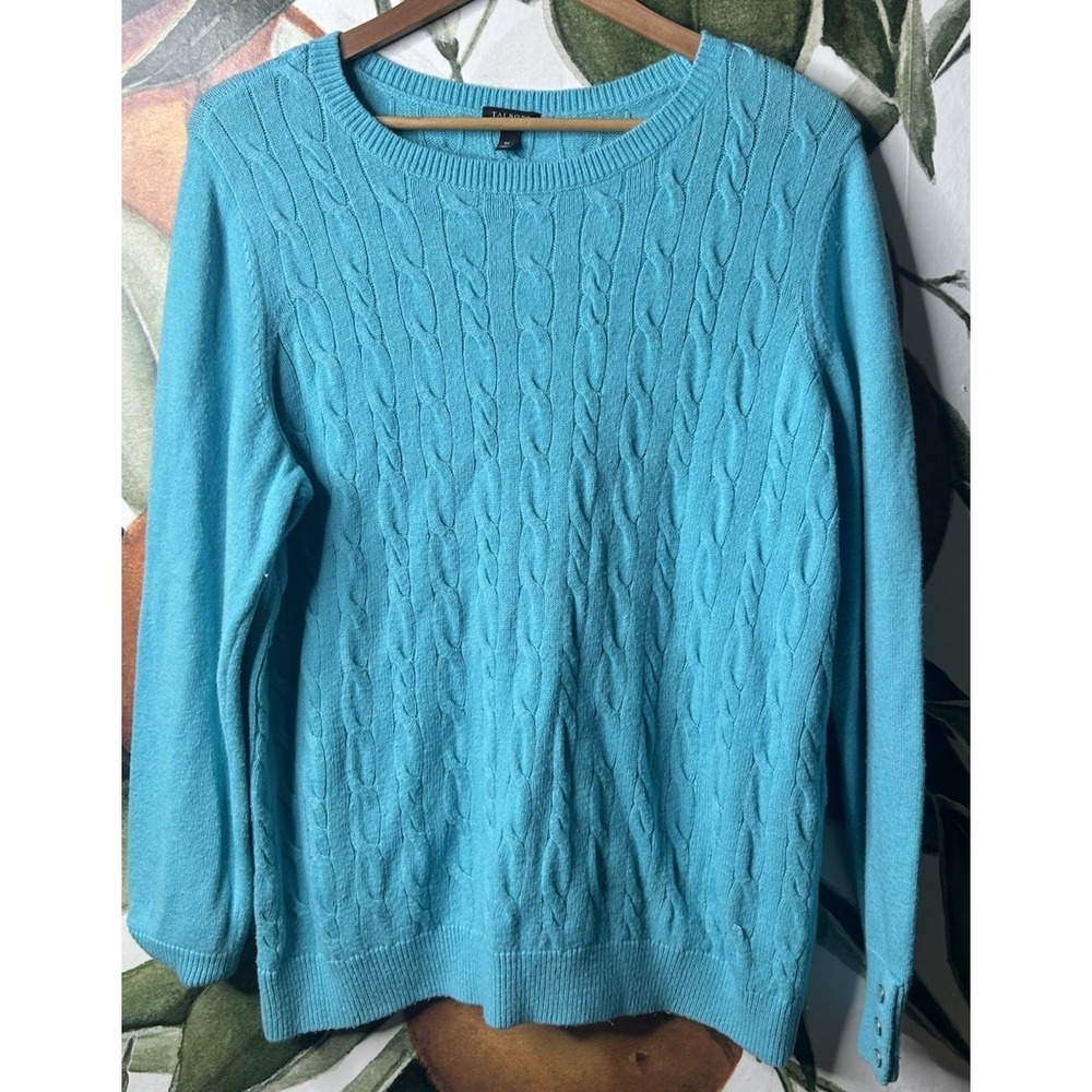Talbots Woman 1X Aqua Blue Cable Knit Pullover Sweater Lambswool Blend